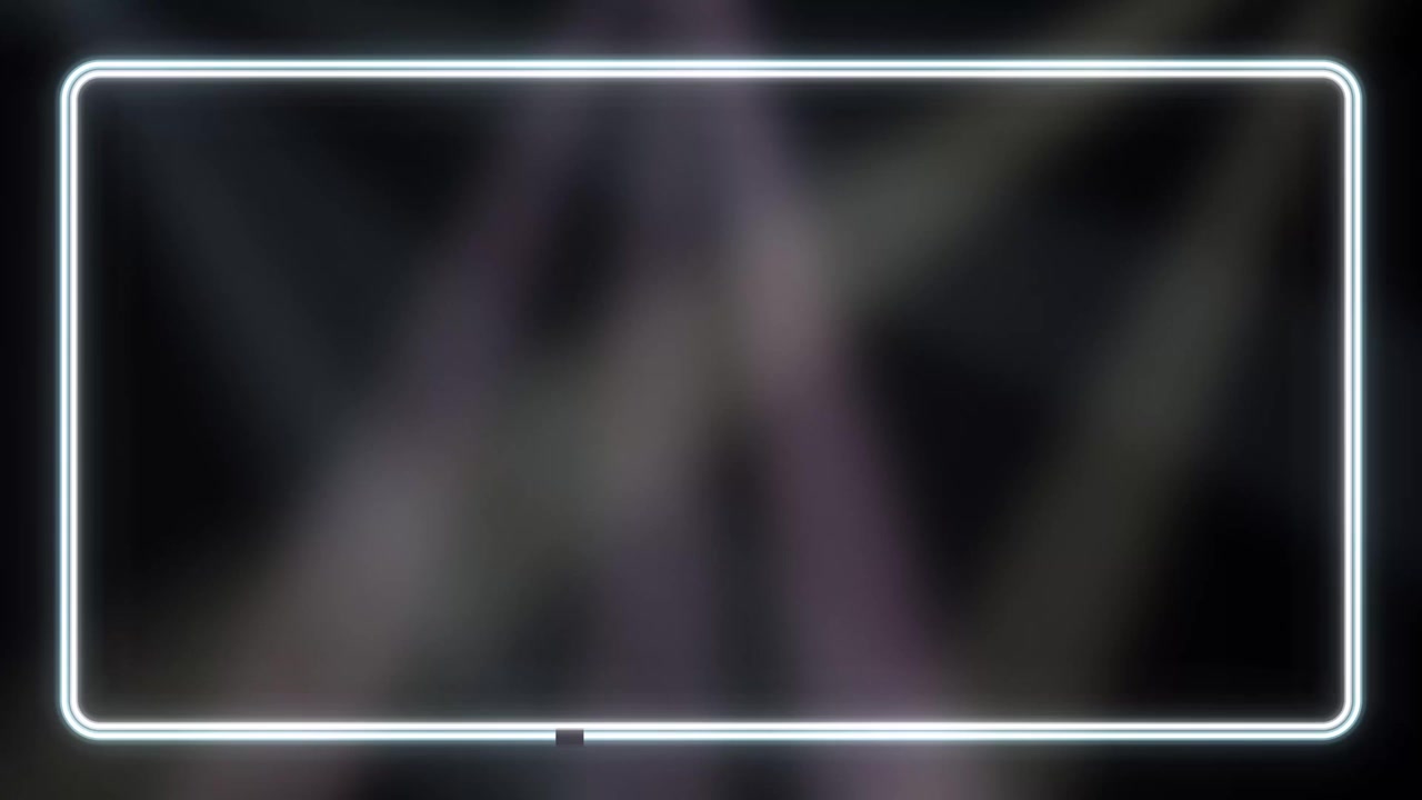 Luminous rectangular neon frame overlays dynamic crossing spotlights on a dark stage background loop.