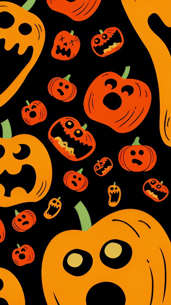 Vertical video: Opening pumpkin pattern floating and bobbing on black, forming loop with ghosts