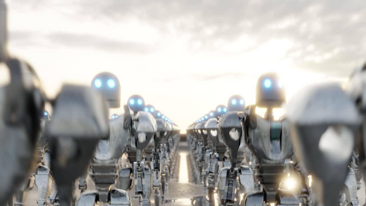 Rows of futuristic robots marching in a line