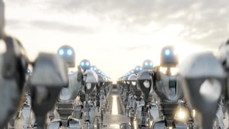 rows of futuristic robots marching in a line