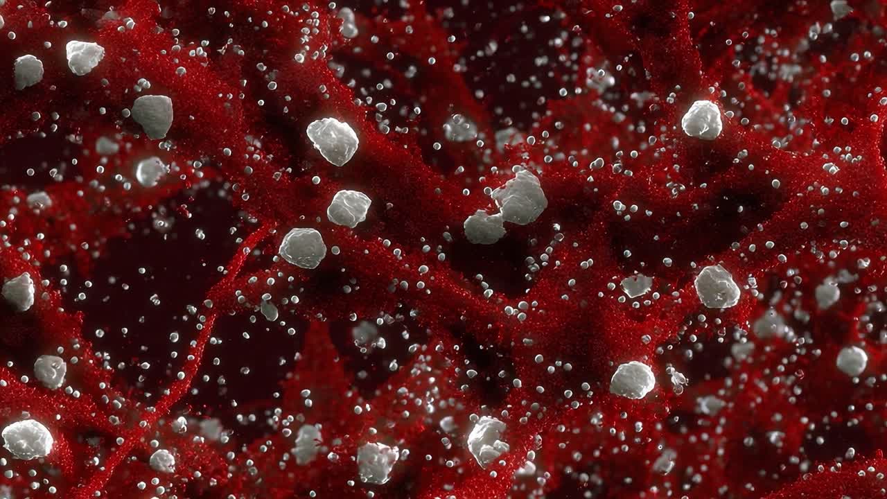 Microscopic Visualization of a Intricate Cellular Network Showcasing Red Fibers and White Particles, Illustrating Essential Biological Structures and Interactions
