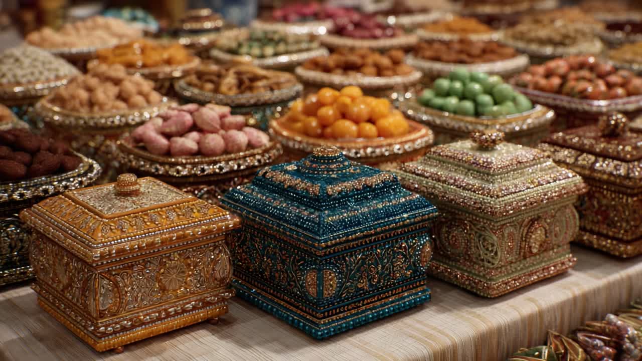 An Array of Exquisite Decorative Boxes Adorned with Colorful Treats Displayed Elegantly at a Market, Showcasing the Beauty of Artisan Craftsmanship and Cultural Richness