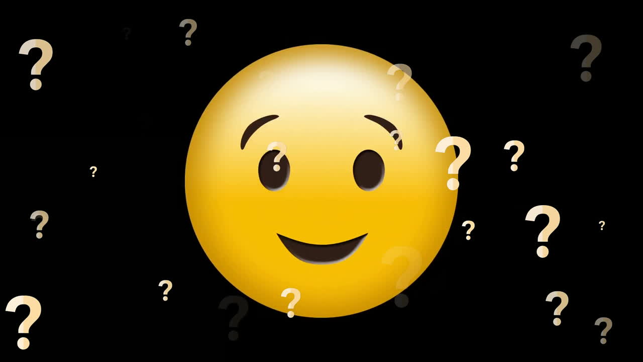 Animation of smiling emoji icon with question marks on black background