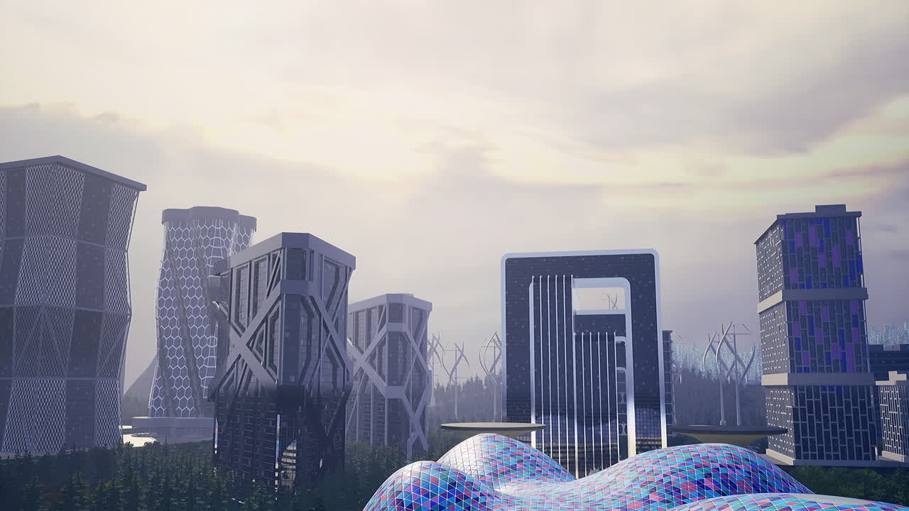 Futuristic cityscape with innovative architecture in a tranquil setting