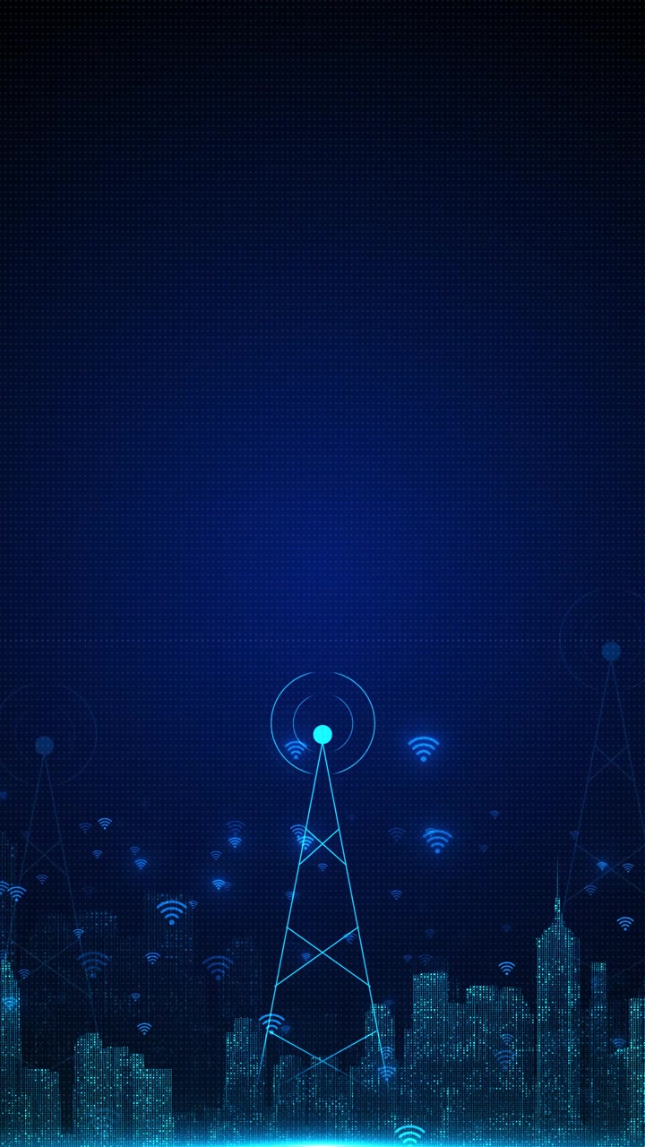 Città intelligente, rete wireless, scena, torri luminose, edifici digitali, icone di segnale, video telecom.