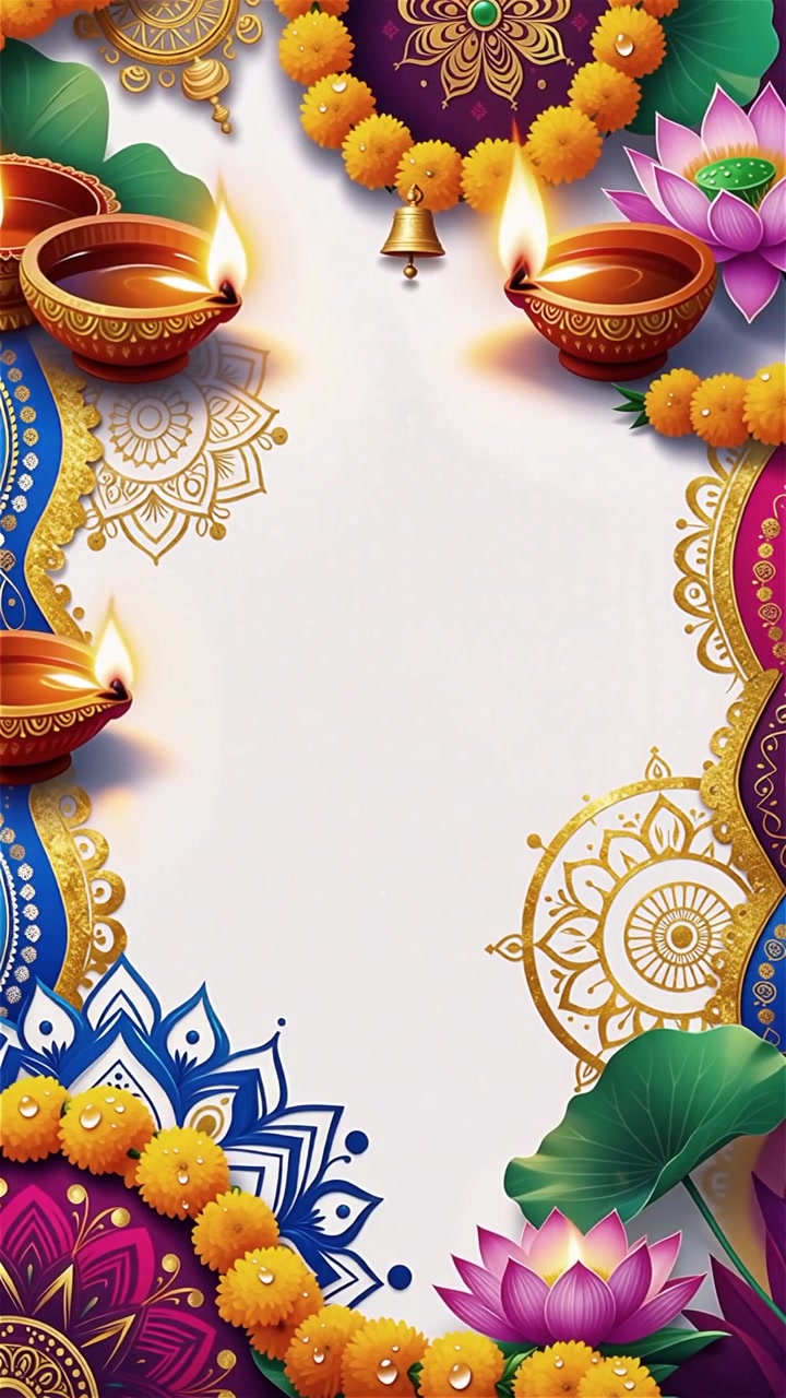 Sfondo Diwali con Diyas luminosi, Rangoli e fiori di loto