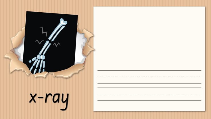 Animated educational video demonstrates writing the letter X alongside an illustrative x-ray image