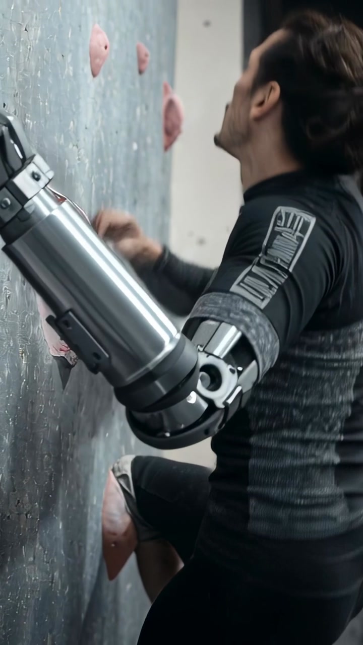 Man climbing wall, scanning route, shifting holds and using prosthetic arm to reach orange hold