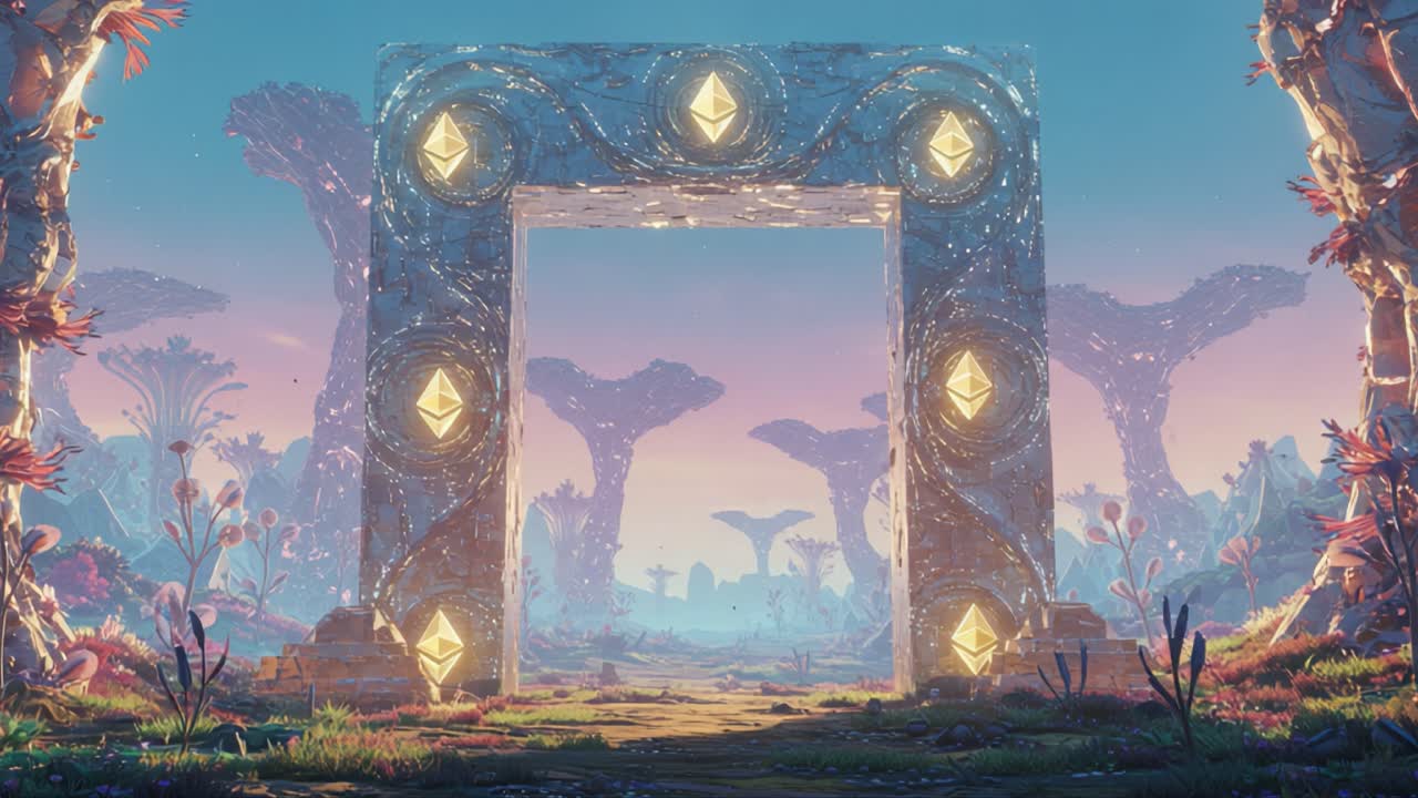 A mesmerizing ethereal portal stands amidst a vibrant alien landscape, inviting exploration and wonder, surrounded by fantastical flora and bathed in soft, enchanting light