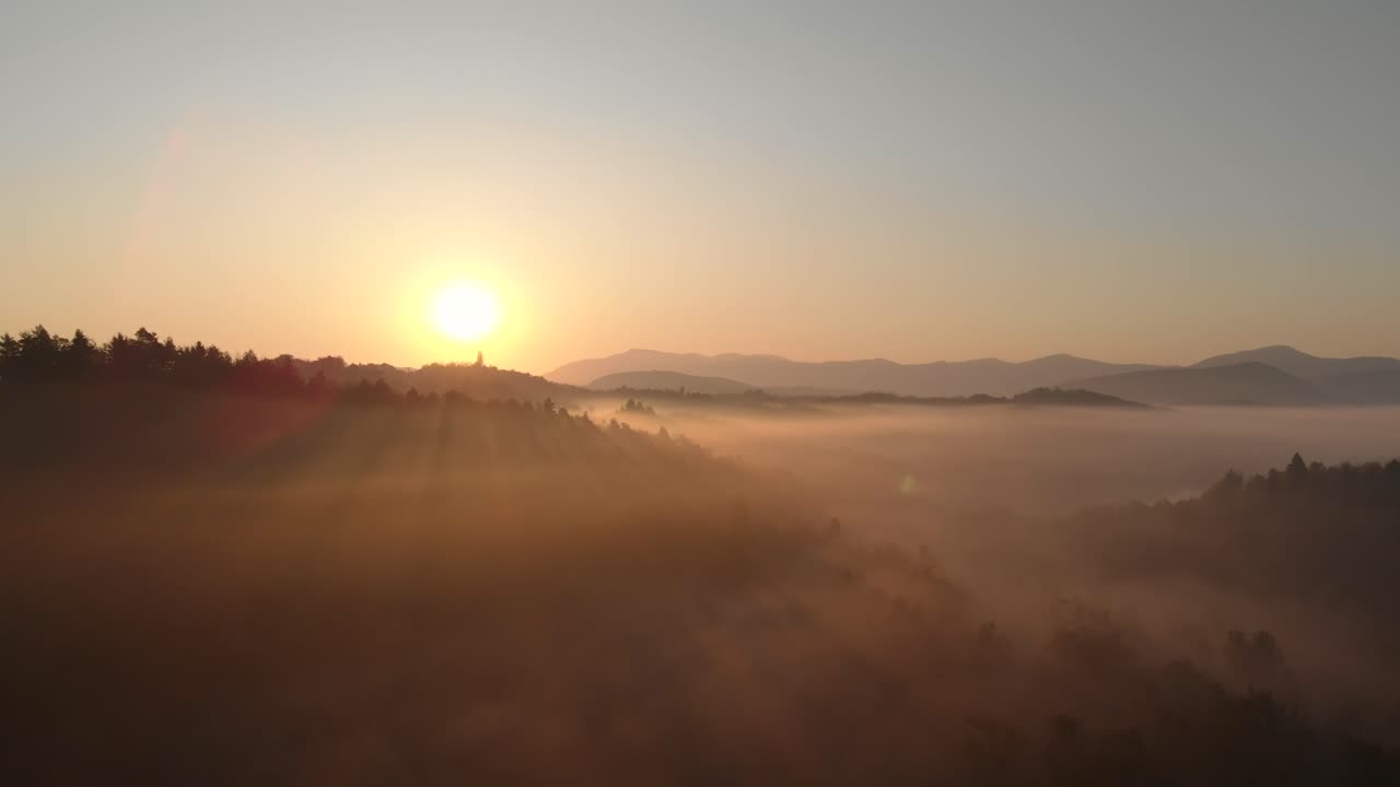 Aerial foggy morning view of pine forest hill and mountains in distance with the sunshine and dramatic clouds. Drone fotage autumn concept
