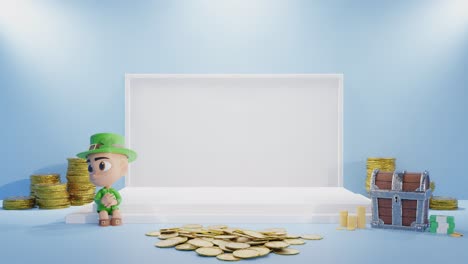 renderización 3d del producto espacio de copia vacío con configuración de luz y oro caja de monedas de dinero y gnomo sentado fondo verde ventas de comercio electrónico tienda en línea concepto de fondo azul