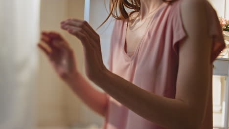 closeup namaste hands doing yoga in morning. peaceful woman practicing asana