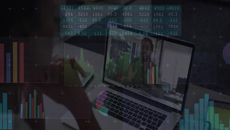 animation of financial data processing over diverse business people on laptop call