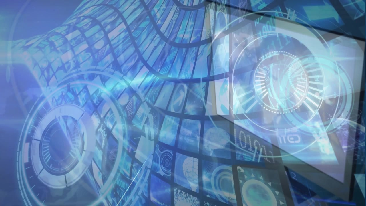 Animation of globe and network of connections over data processing on screens