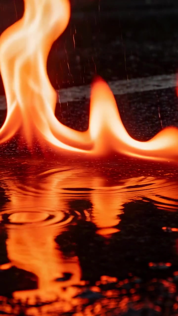 Vertical video: Rising curved flame causing orange fire dancing on asphalt seam reflection rippling