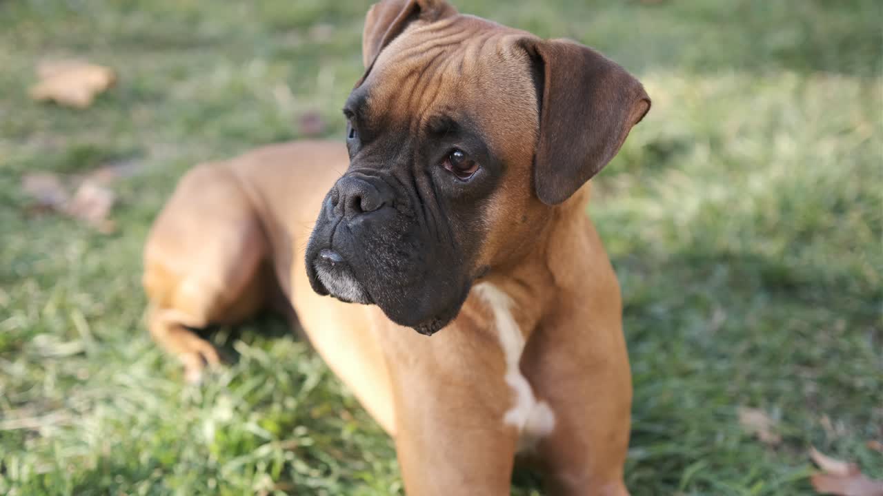 공원에서 야외에 서 있는 동안 주위를 둘러보는 사랑스러운 박서 개의 가까운 전망