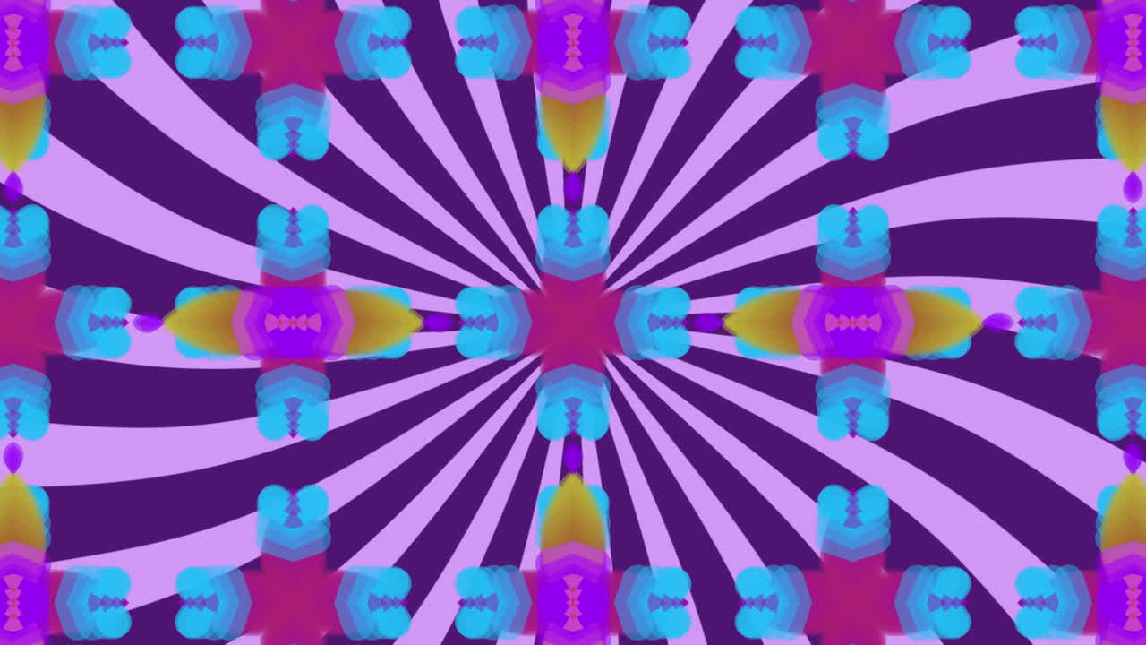 formas caleidoscópicas que se mueven hipnóticamente contra las rayas púrpuras giratorias