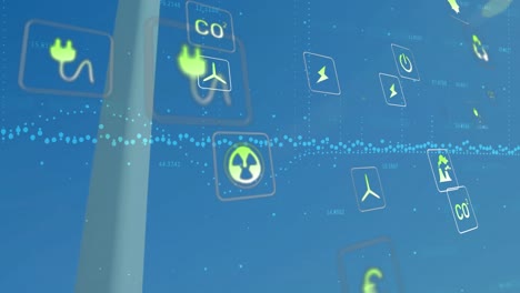 animación de iconos ecológicos que caen sobre el molino de viento