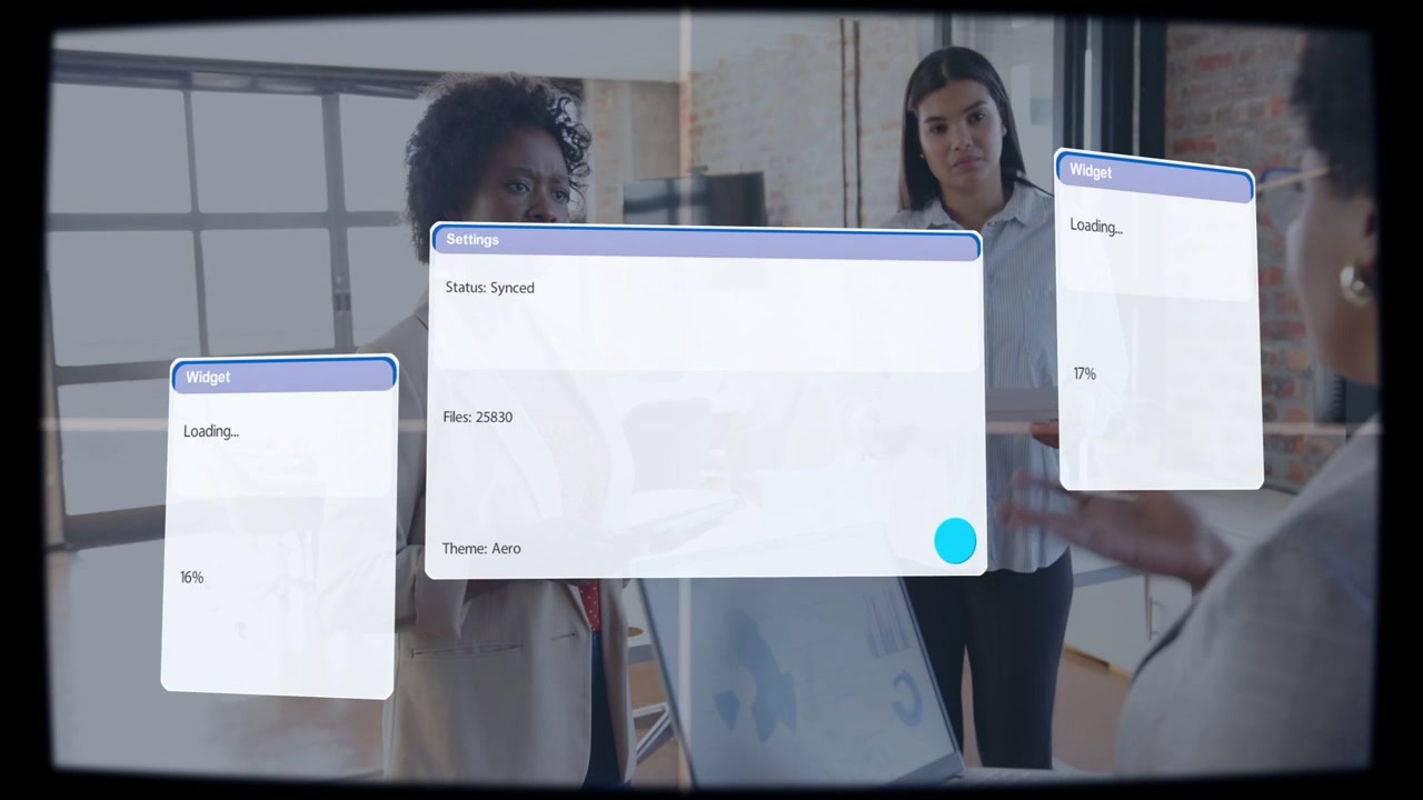 3 women meeting for business, settings appearing showing Synced Files:25830, widgets loading ~16%