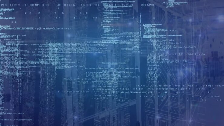 Animazione di una rete di connessioni con elaborazione dati sopra una sala server.