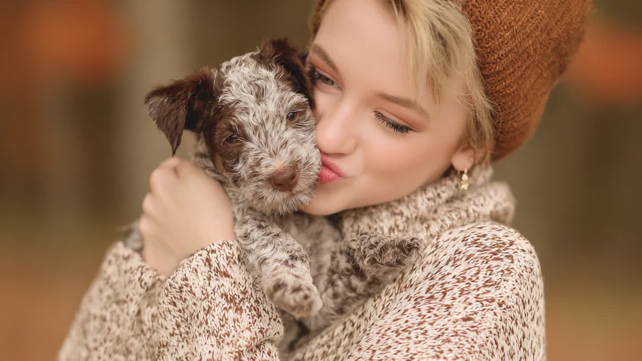 Un momento commovente: una giovane donna che abbraccia il suo adorabile cucciolo in un accogliente ambiente autunnale, pieno di calore e gioia.