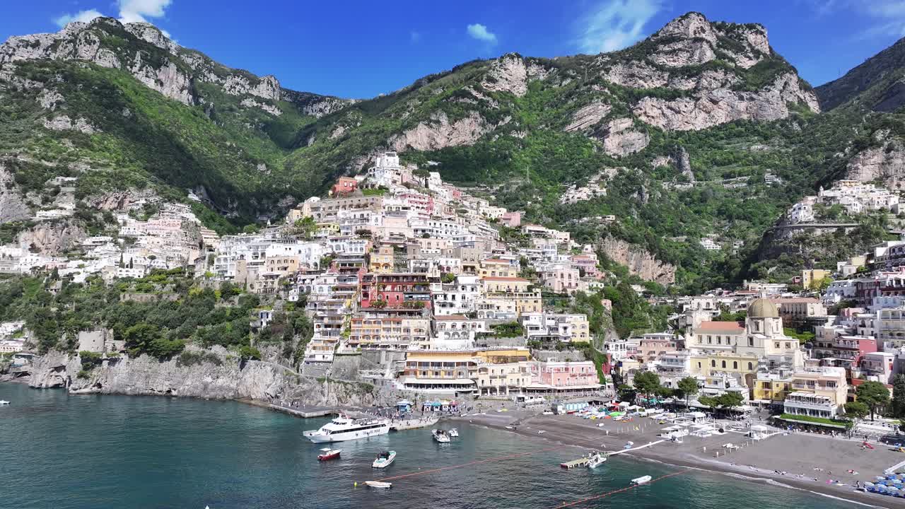 Amalfi Coast At Positano In Salerno Italy. Beach Landscape. Giant Cliffs Scene. Amalfi Coast At Positano In Salerno Italy. Medieval City Skyline. Gulf Of Salerno Mediterranean Sea. Beach Skyline.