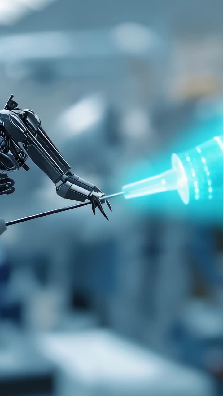Vertical video: Aligning robot arm in OR with grip, moving needle into cyan tip pulsing, copy space