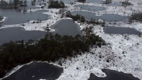 Vista-Aérea-De-Drones-De-Lagos-Pantanosos-Congelados