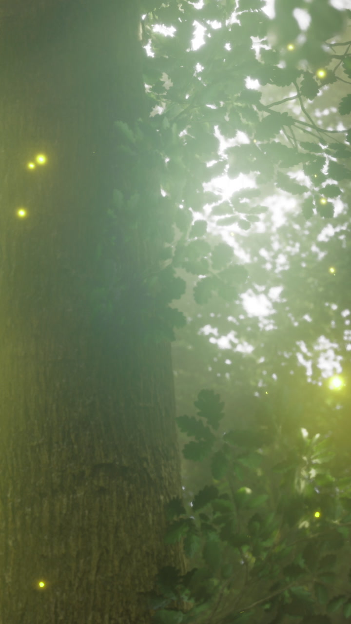 Light spots fill a forest scene during evening hours in a wooded area