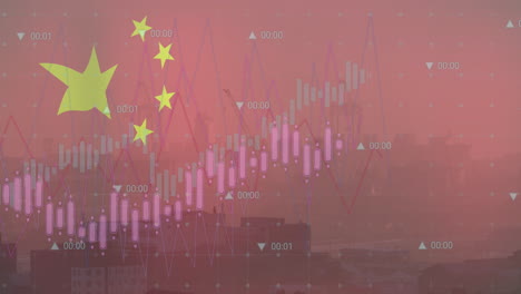 animation of flag of china and data processing over cityscape