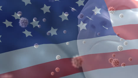 covid-19 cells and human head model against us flag waving