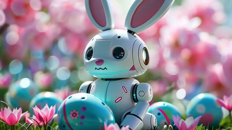 a robotic easter bunny among colorful eggs and pink flowers