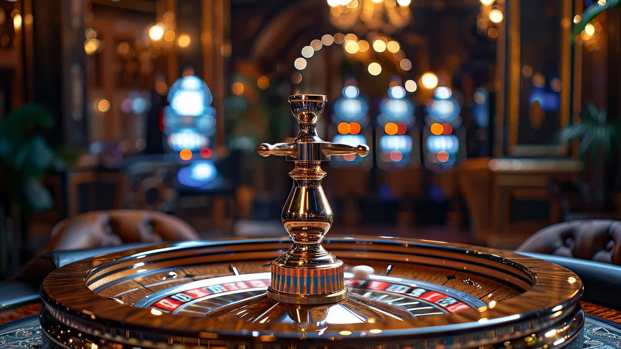 Elegante scena di un casinò con tavolo da roulette. Il tavolo da roulette risplende in un casinò di lusso, con ospiti che si divertono con i giochi e slot machine illuminate sullo sfondo.