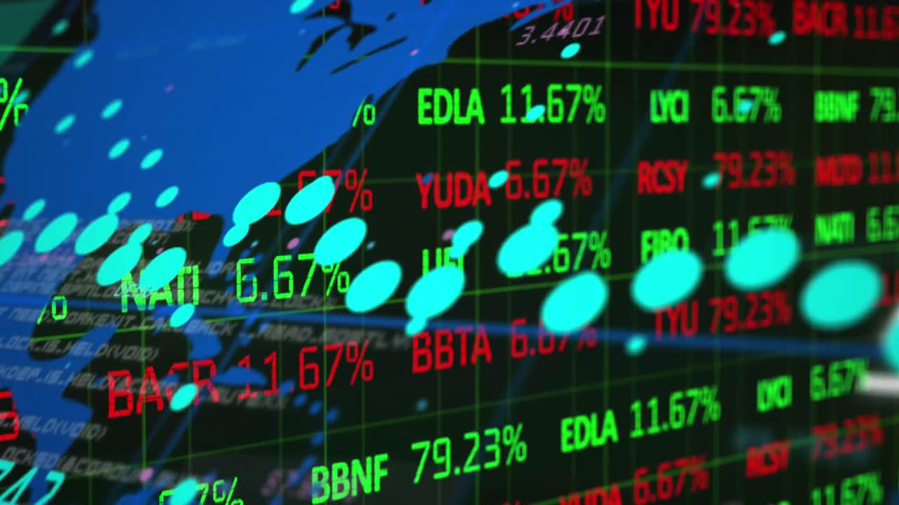 Animazione di schermo digitale con mappa mondiale, dati finanziari e grafici