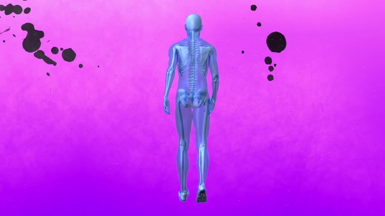 animación de formas abstractas y modelo del cuerpo humano caminando contra un fondo de textura rosa