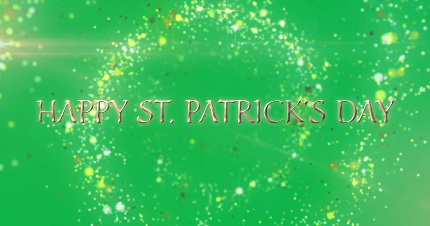 Scritta dorata HAPPY ST PATRICK che emerge da un bagliore dell'obiettivo, con un anello di coriandoli che gira, su sfondo trasparente per celebrare