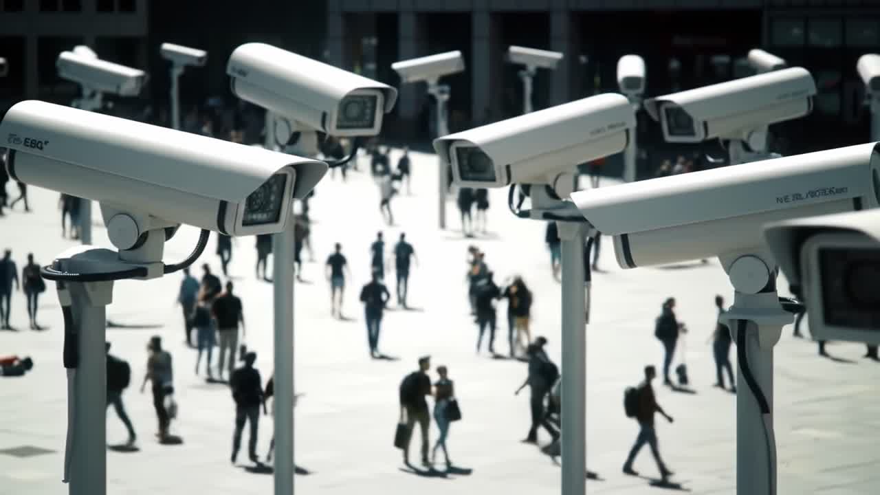 A Scene Captured with Surveillance Cameras Overseeing a Busy Public Space, Highlighting Issues of Privacy, Security, and Urban Life Dynamics in a Modern Environment