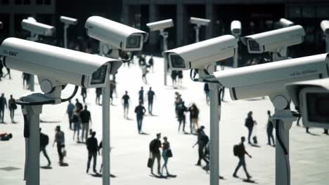a scene captured with surveillance cameras overseeing a busy public space, highlighting issues of privacy, security, and urban life dynamics in a modern environment