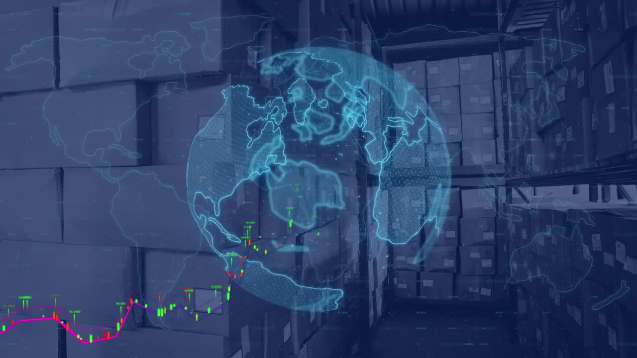 animación del globo y la interfaz digital con procesamiento de datos sobre el almacén