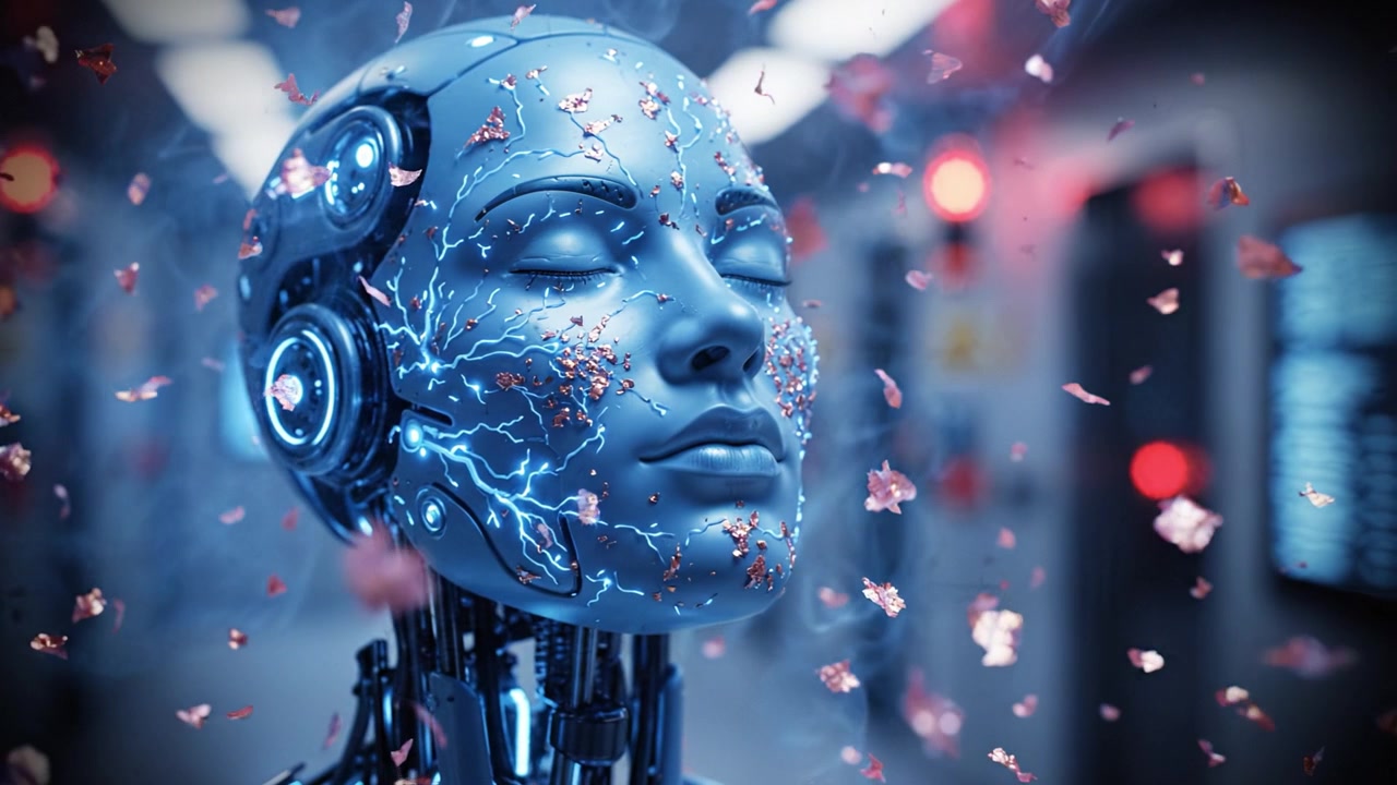 Una splendida visualizzazione di un robot futuristico con cablaggio blu luminoso, circondato da petali, che incarna una fusione di tecnologia e bellezza