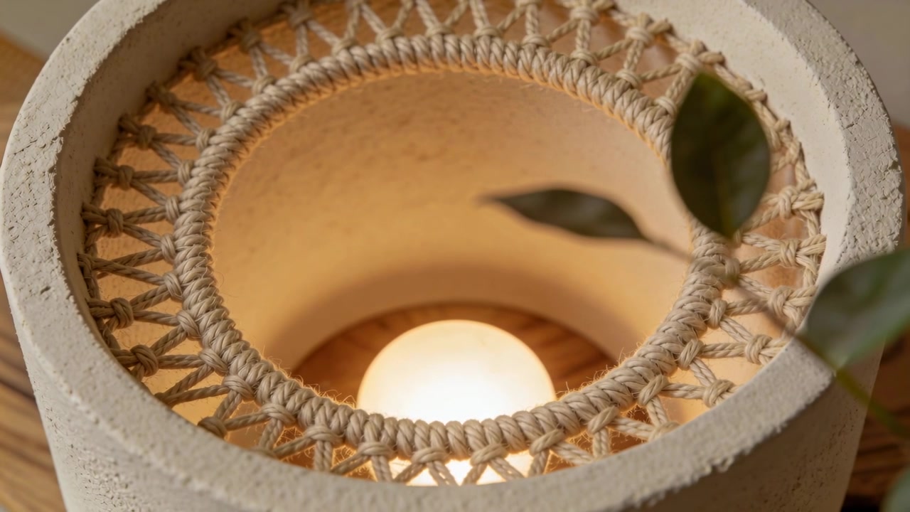 Una foglia verde che fluttua entra nell'inquadratura sopra il bordo di una lampada in cemento su un tavolo, con corda intrecciata e lampadina calda.