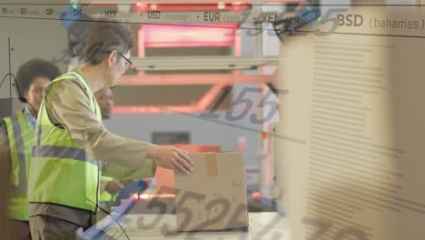 animation of financial data processing over diverse people working in warehouse