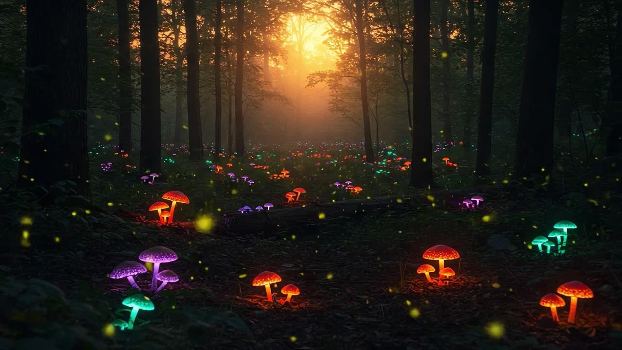 Enchanting Glow in the Forest: A Captivating Display of Bioluminescent Mushrooms Illuminating the Woodland at Sunset, Creating a Magical Atmosphere of Wonder