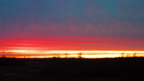 Aerial-view-of-burning-sunset-sky-effect-and-dark-forest-tree-silhouette