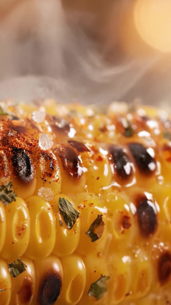Deliciously Grilled Corn on the Cob: A Close-Up View of Juicy Kernels, Butter, and Spicy Seasonings with a Beautiful Bokeh Background