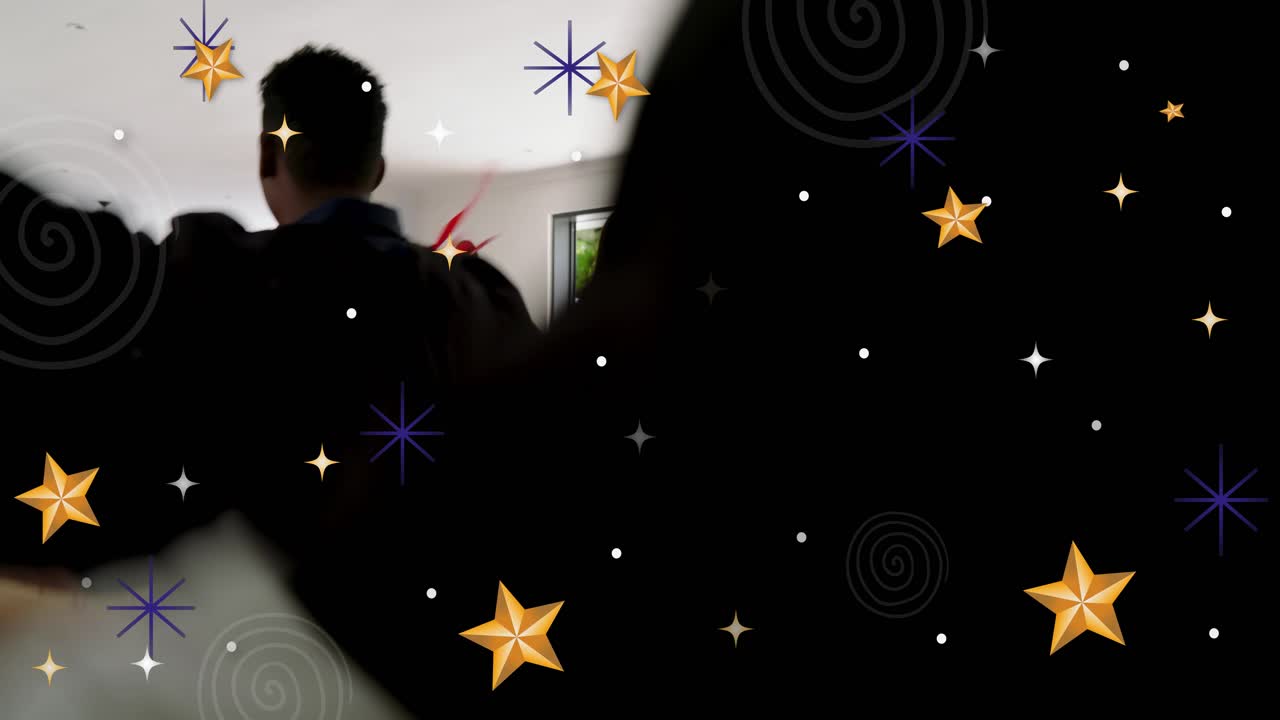 Graduates entering home via opening door, with diplomas, hugging, for graduation with star overlay