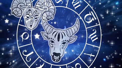 animation of horoscope symbols over stars on blue background