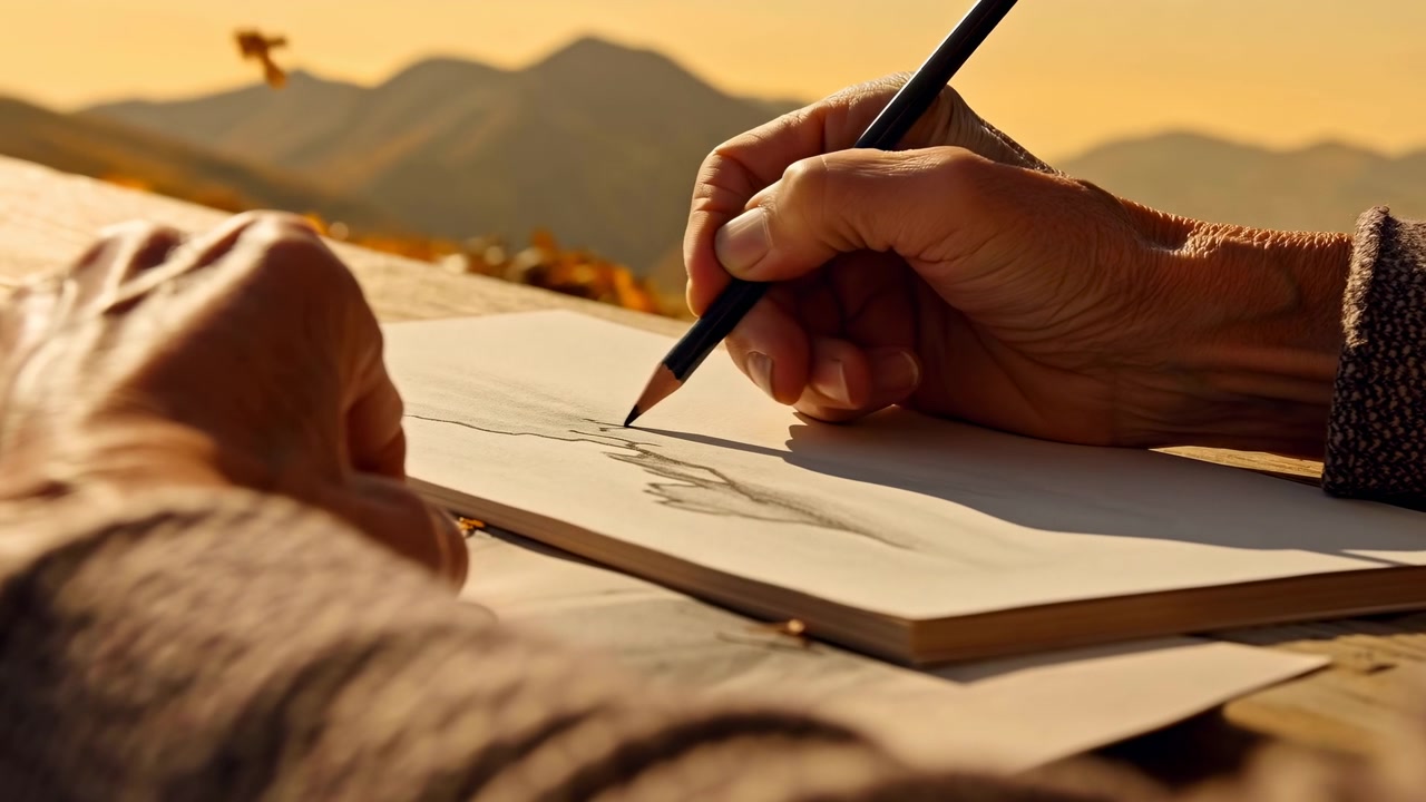 Close-up shows senior person sketching with pencil while one hand steadies sketchbook on rustic wooden table, mountain landscape beyond terrace and warm light revealing fresh graphite lines