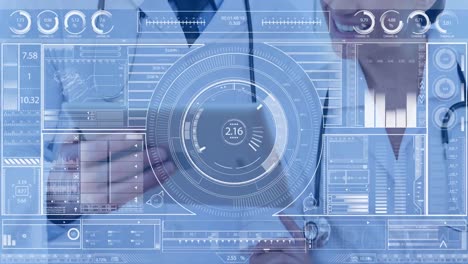 animation of data processing over diverse male and female doctors using digital tablet at hospital