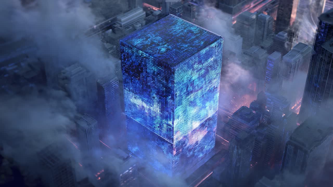 A breathtaking aerial view of a futuristic cityscape featuring a towering digital skyscraper illuminated by blue and turquoise lights, surrounded by clouds and urban architecture, representing technological advancement and modern design
